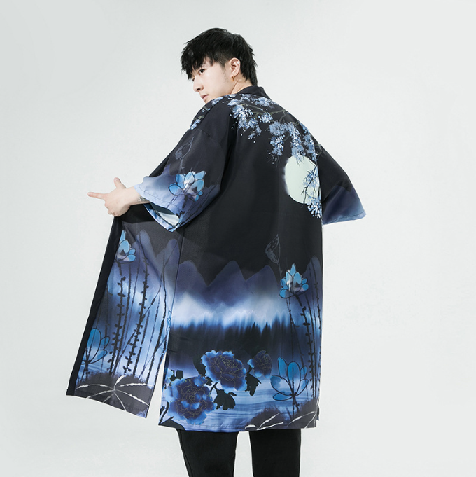 Summer New Chinese Style Men Fashion Print Long Crane Hanfu Japanese Large Cardigan Cloak Men - My Store