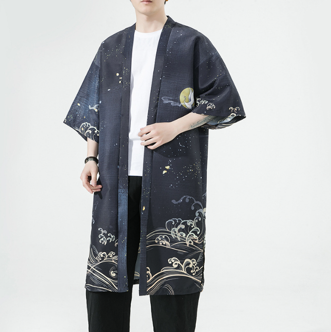 Summer New Chinese Style Men Fashion Print Long Crane Hanfu Japanese Large Cardigan Cloak Men - My Store