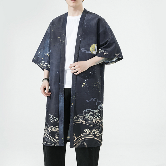 Summer New Chinese Style Men Fashion Print Long Crane Hanfu Japanese Large Cardigan Cloak Men - My Store