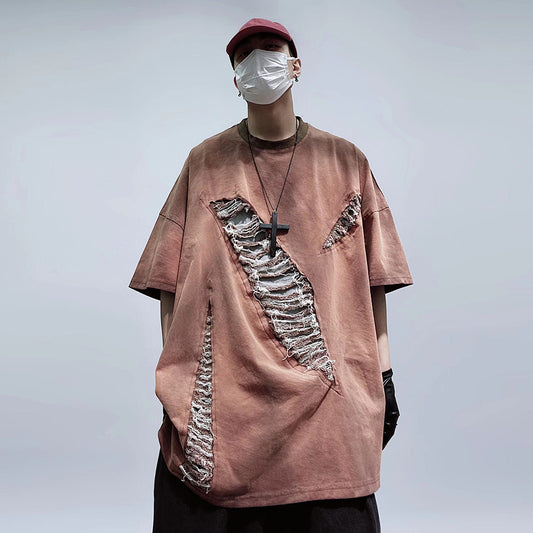 High Street Retro Loose Oversize Perforated Short Sleeved T-shirt - My Store