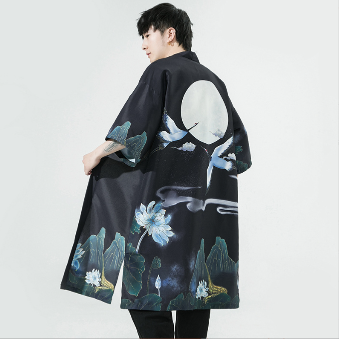 Summer New Chinese Style Men Fashion Print Long Crane Hanfu Japanese Large Cardigan Cloak Men - My Store