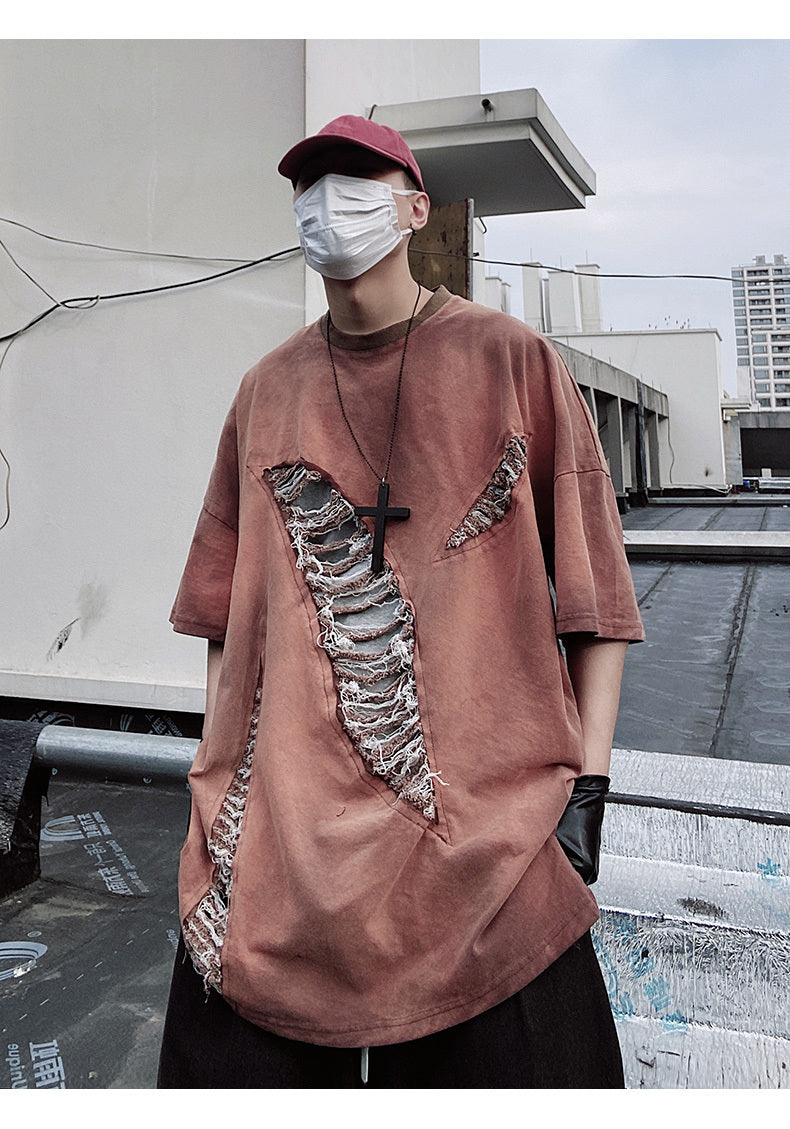 High Street Retro Loose Oversize Perforated Short Sleeved T-shirt - My Store