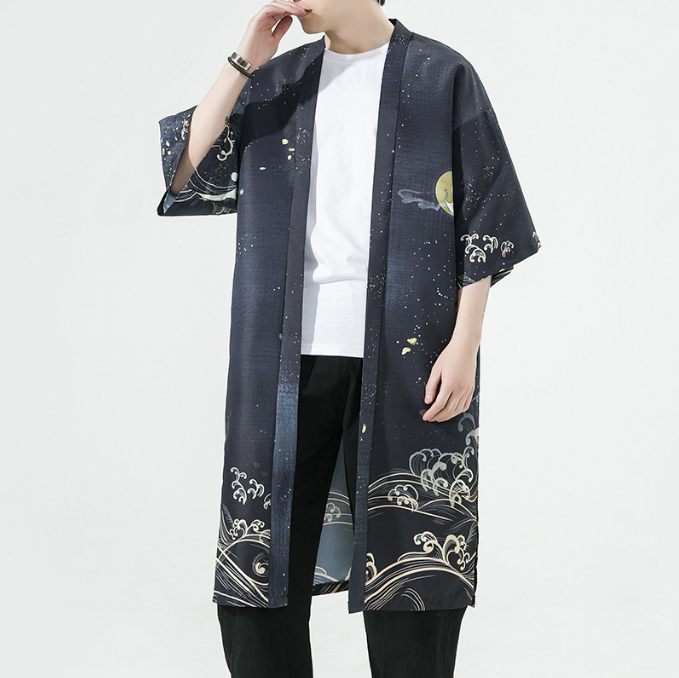 Summer New Chinese Style Men Fashion Print Long Crane Hanfu Japanese Large Cardigan Cloak Men - My Store