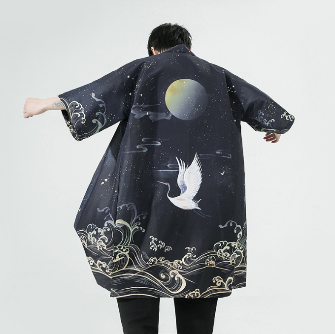 Summer New Chinese Style Men Fashion Print Long Crane Hanfu Japanese Large Cardigan Cloak Men - My Store