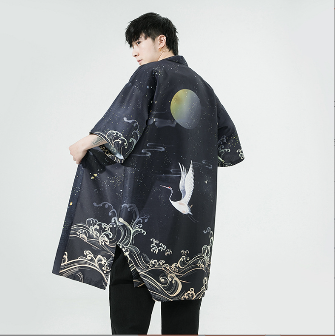 Summer New Chinese Style Men Fashion Print Long Crane Hanfu Japanese Large Cardigan Cloak Men - My Store