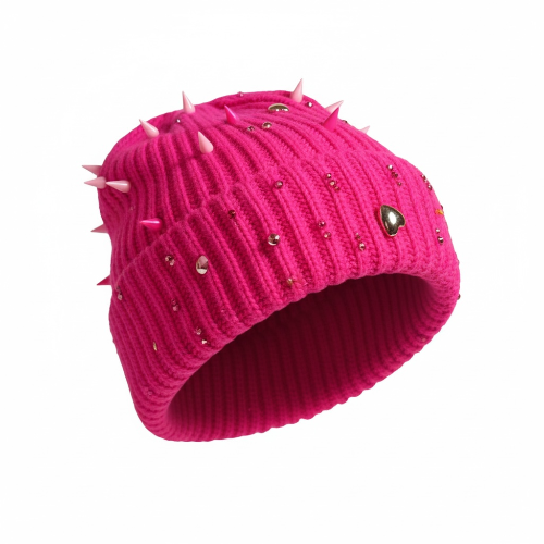 Pink beanie with spikes and rhinestones on a white background