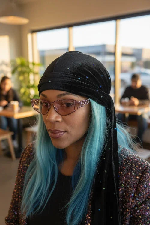 Woman with blue hair wearing a black headscarf and glasses in an indoor setting.