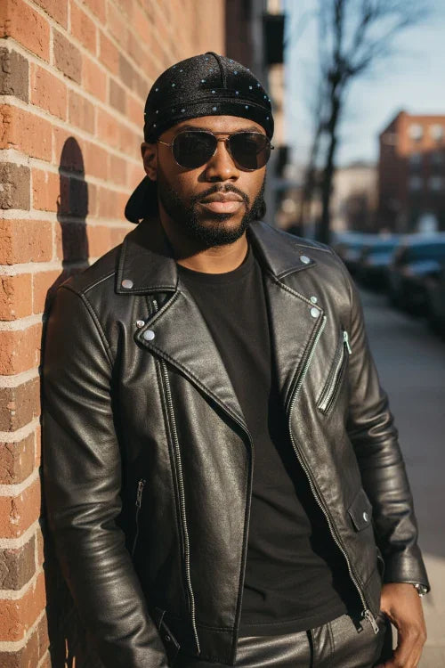 Man wearing a black leather jacket and sunglasses leaning against a brick wall.