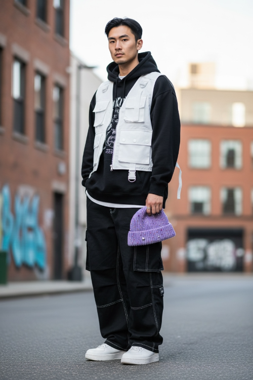 Person wearing a black outfit with a white vest, standing on an urban street.