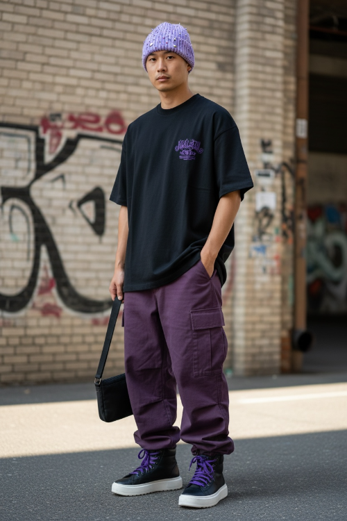 Person wearing a black t-shirt, purple pants, and a purple beanie standing in front of a brick wall with graffiti.