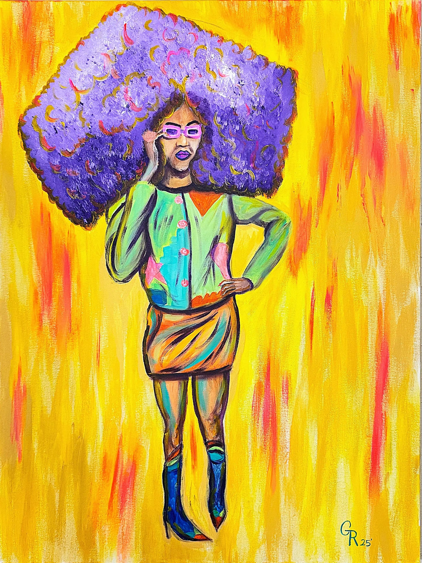 Colorful painting of a woman with a large purple afro against a yellow background