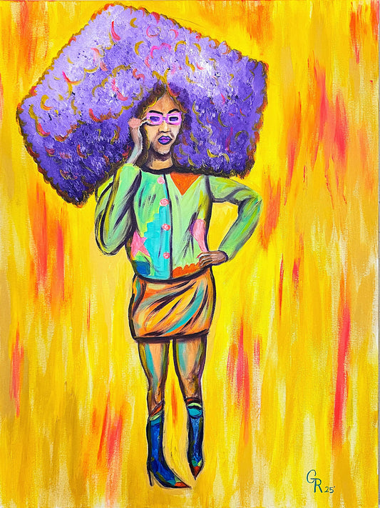 Colorful painting of a woman with a large purple afro against a yellow background