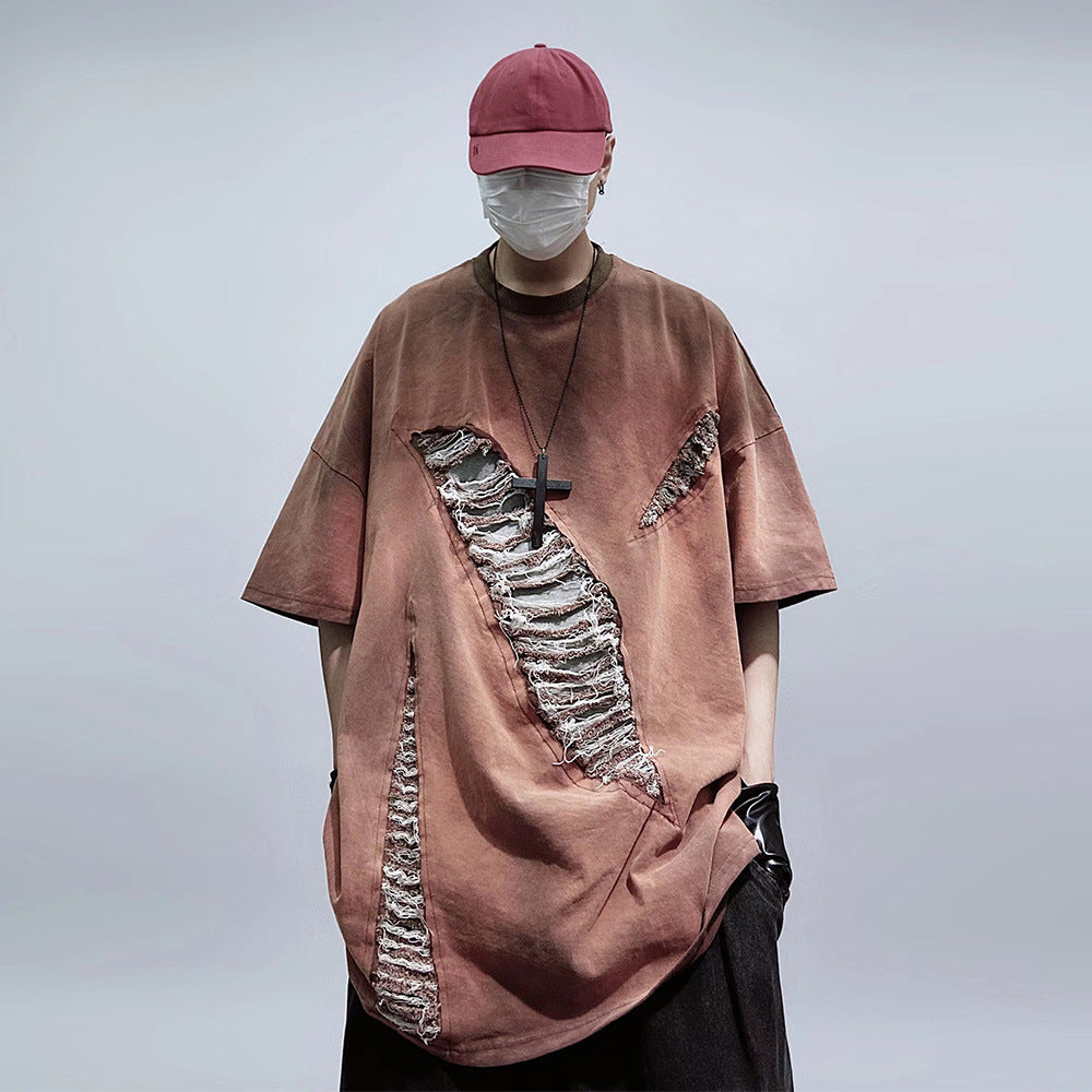 High Street Retro Loose Oversize Perforated Short Sleeved T-shirt - My Store