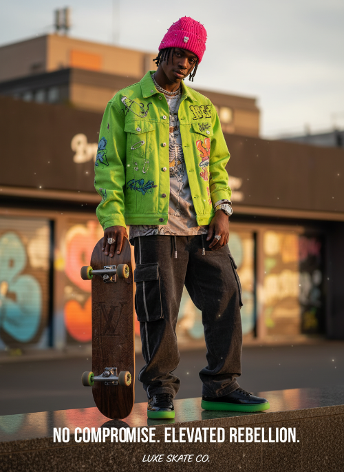 Person wearing a bright green jacket and pink beanie holding a skateboard with urban background
