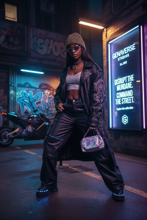Person in a stylish outfit with a neon sign in the background