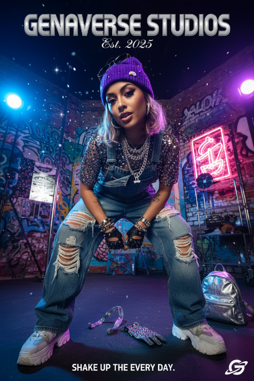Person in a stylized urban setting with colorful lighting and 'Genaverse Studios' branding.